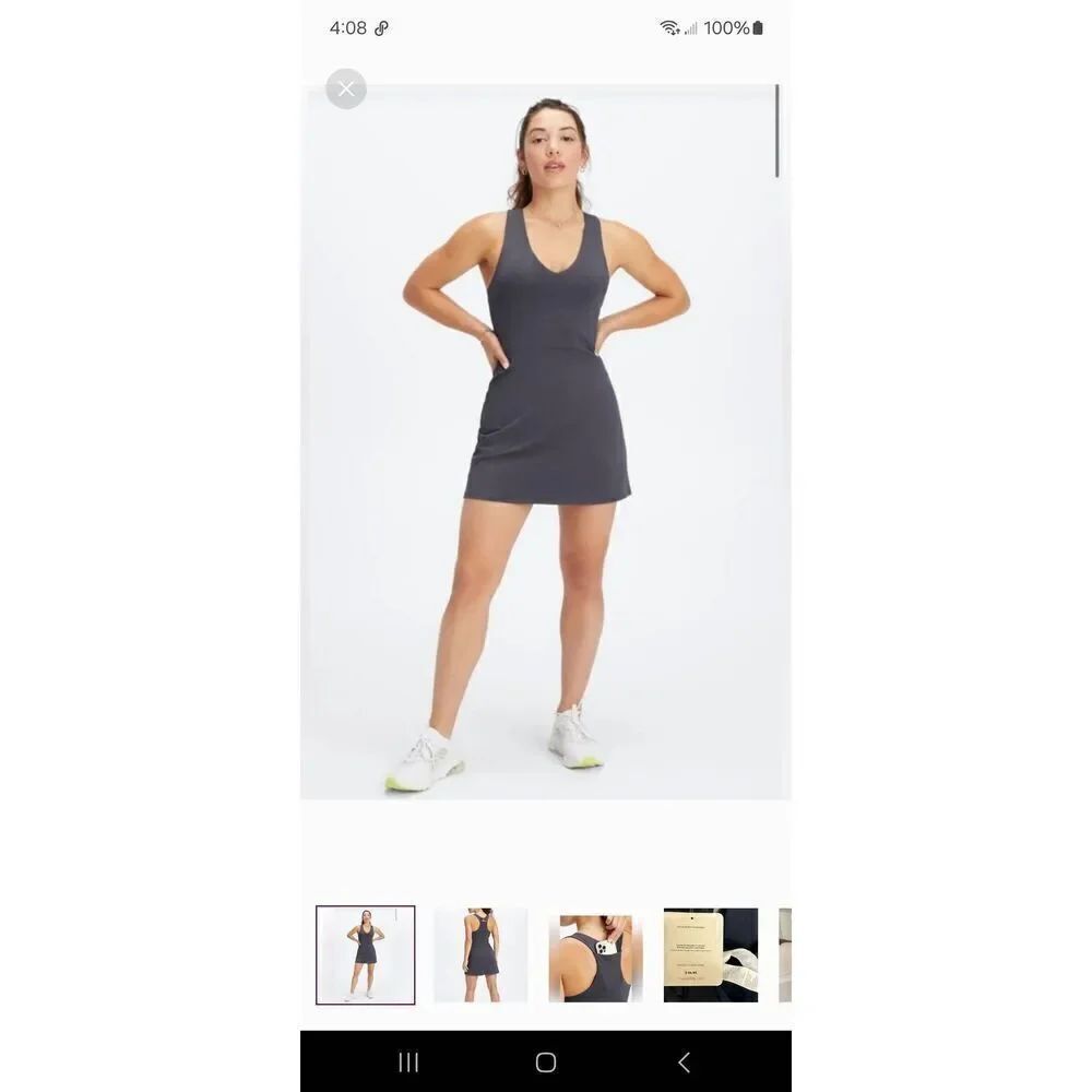 New Large Fabletics Pewter On The Go Bullt In Bra Dress Sleeveless Racerback NWT